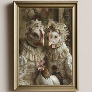 Victorian Hen Sisters Portrait, Surreal Chicken Art, Dark Art